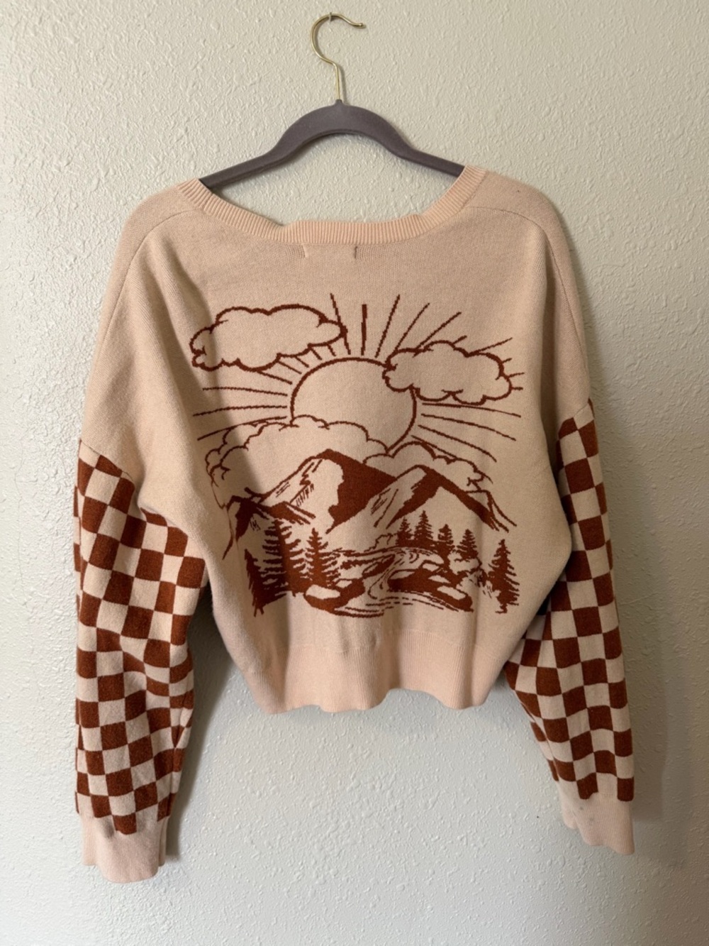 Altar'd State Pink and Rust Knit Sweater with Scenic Detail